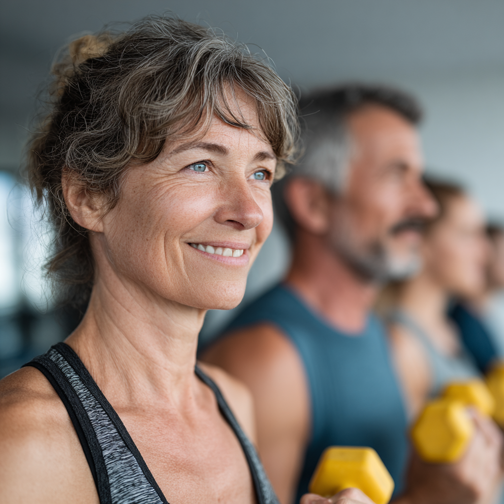 Mature adults aged 40-55 exercising together in a bright modern fitness studio, showing people in workout clothes doing strength training with dumbbells and resistance bands