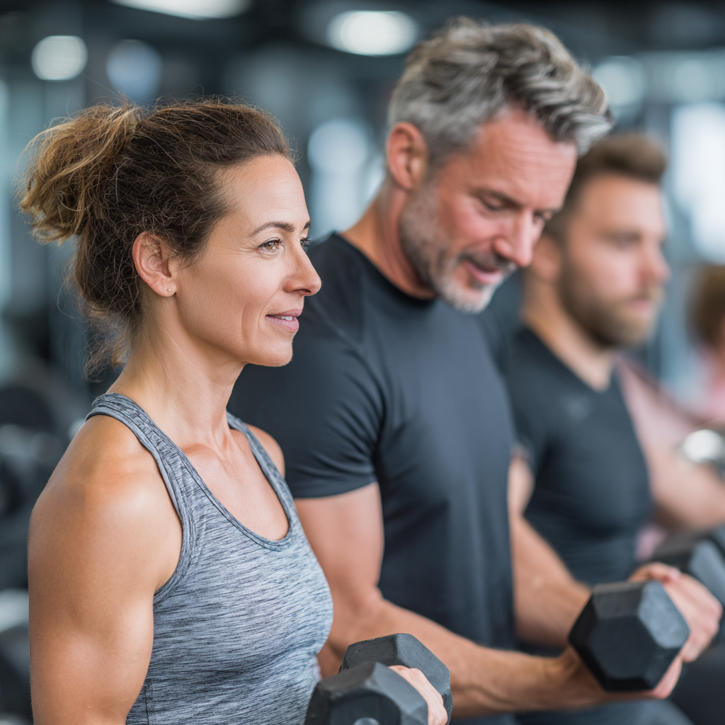 Professional fitness trainers aged 40-55 demonstrating proper exercise form to adult clients in a well-equipped gym setting, showing personalized guidance and supportive coaching atmosphere